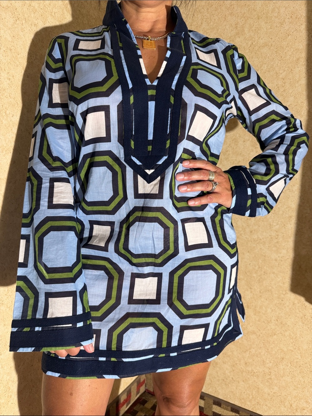 Tory Burch Geometric Tunic in Light Blue, Navy & Green